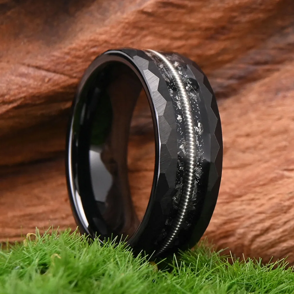 Vintage Black Tungsten Steel Ring For Men And Women, Inlaid With Meteorite Shavings, Guitar String Engagement And Wedding Rings