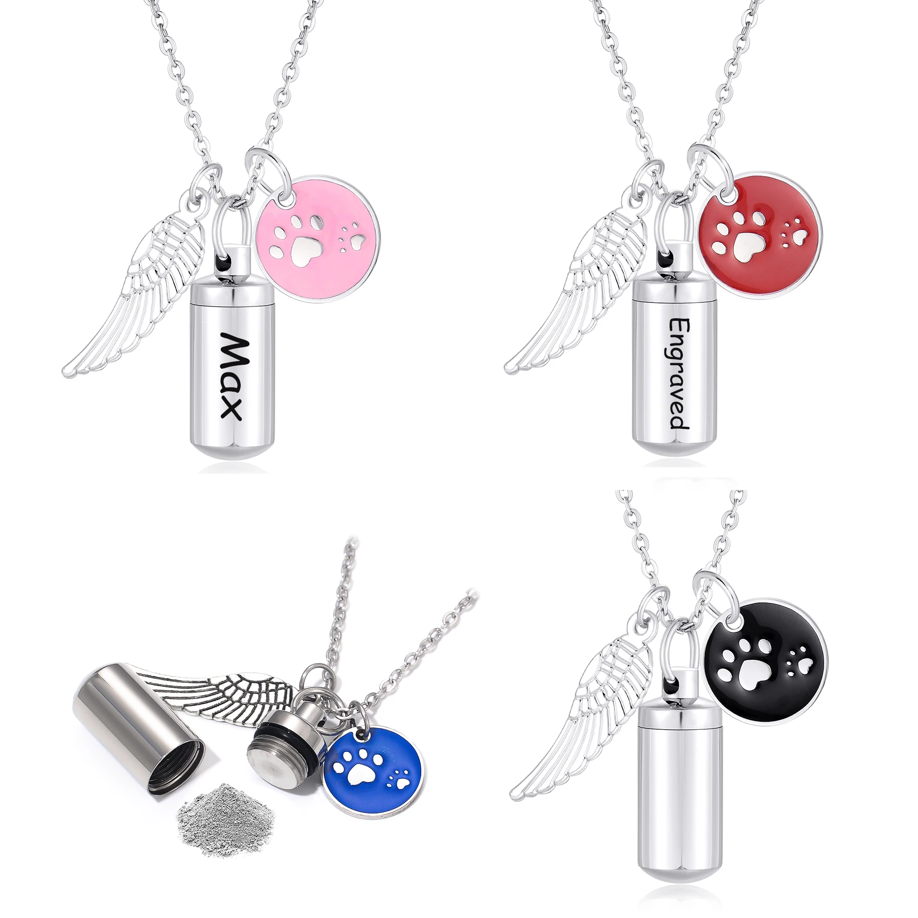 

Stainless Steel Cylinder Urn Necklace with Paw Print Wing Memorial Keepsake Cremation Pendant Engraved Name Date Jewelry