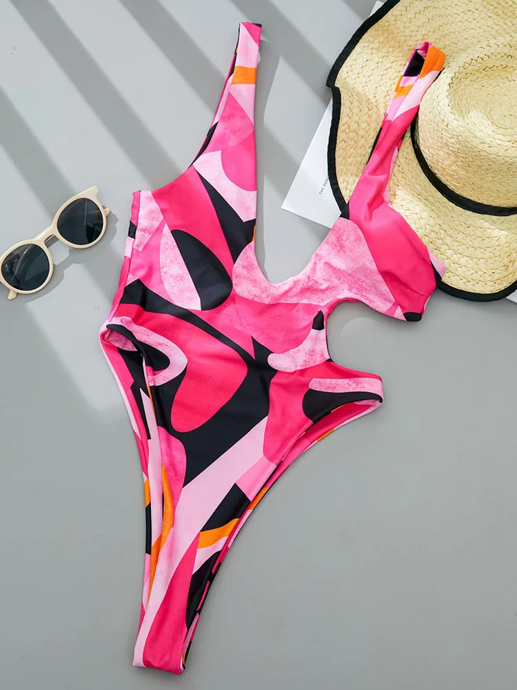 Asymmetric Printed One Shoulder Women Swimwear One Piece Swimsuit Female Backless Monokini High Cut Bathing Suit Swim Bodysuit