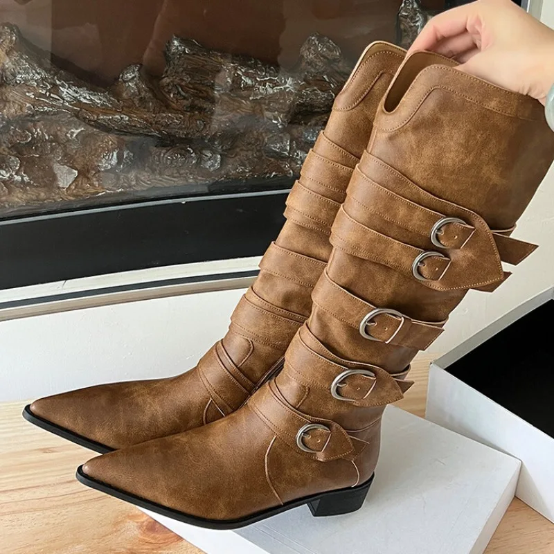 

New Belt Buckle Combination Black Brown Western Cowboy Boots Women's Pointed Zipper 3.5cm Thick High Heels Knee High Boots 34-42