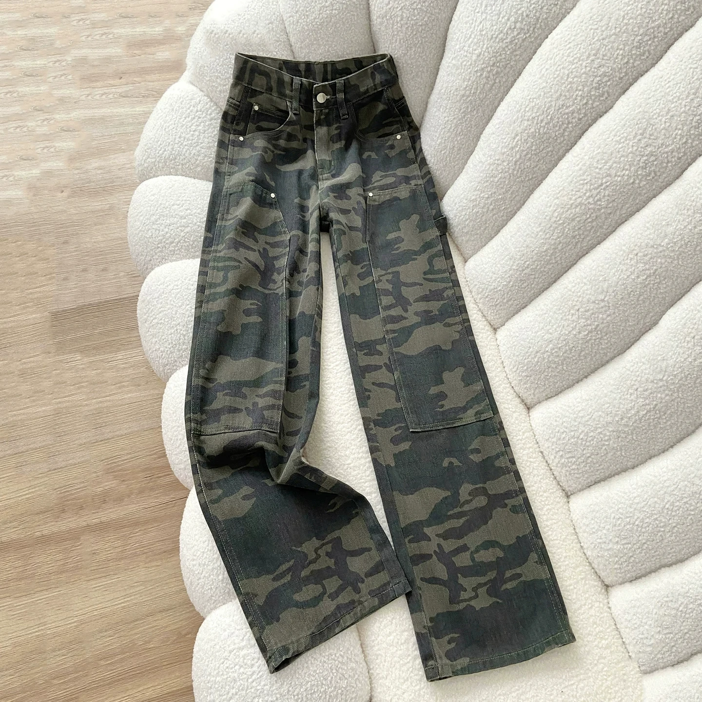 American Style High Waist Wide Leg Camouflage Jeans Women's Autumn Design Sense Straight Tube Pants Cotton Stretch Denim
