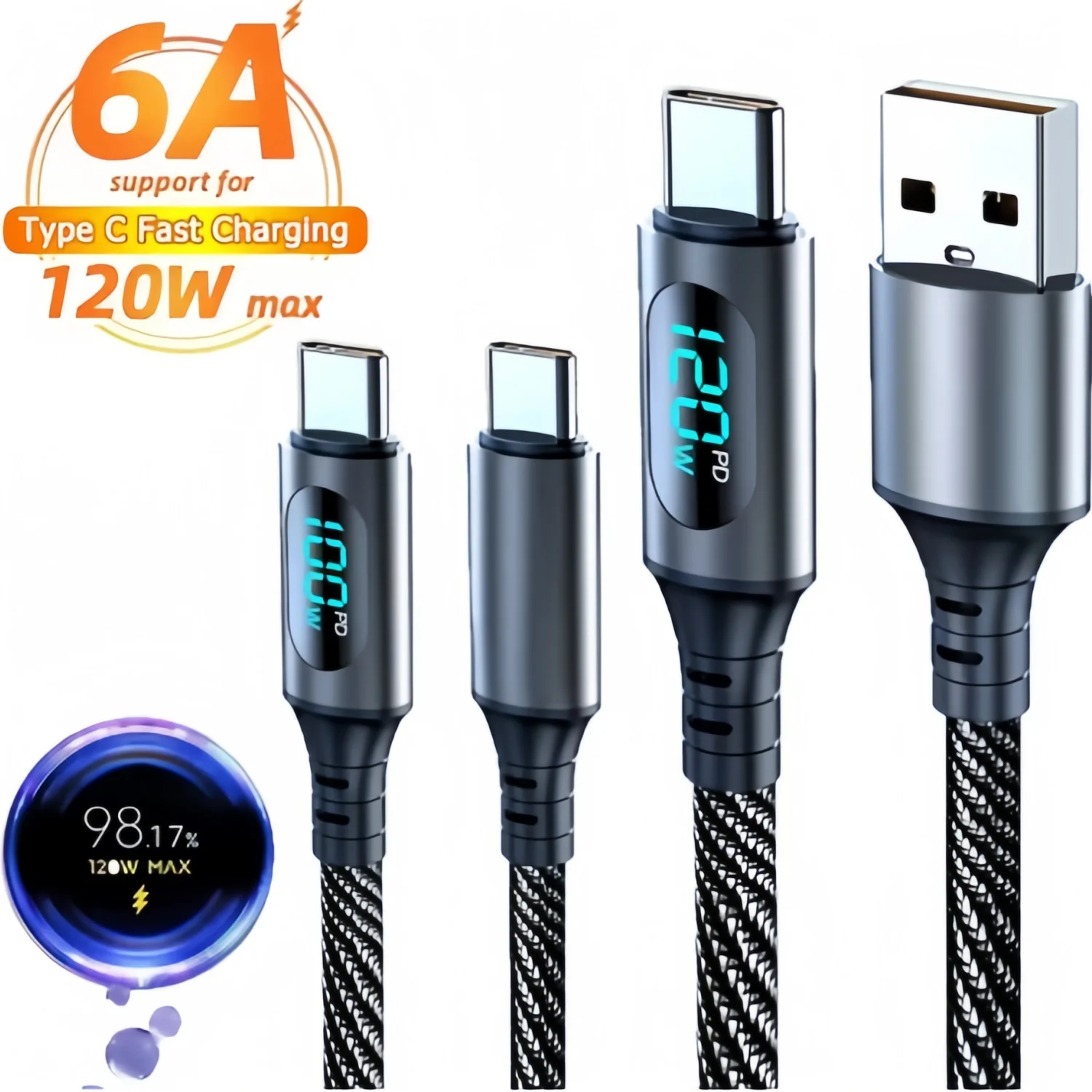 Cabo de Carregamento USB-C de 1m/2m 120W para Huawei Xiaomi POCO Samsung, Cabo de Dados para Carregamento Rápido PD de 100W para iPhone com Display LED