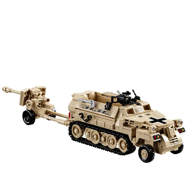 World War 2 Army Military Soldiers German Half Tracked Armor Vehicle Trailer Assemble Building Blocks WW2 Bricks Kids Toys Gift