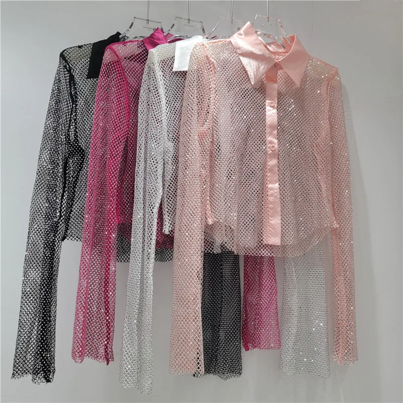 Luxury Woman Shiny Diamonds Beaded Hollow Out Mesh Shirt Slim Rhinestones Fishing Net Blouses Long Sleeved Crystal Cardigan Tops