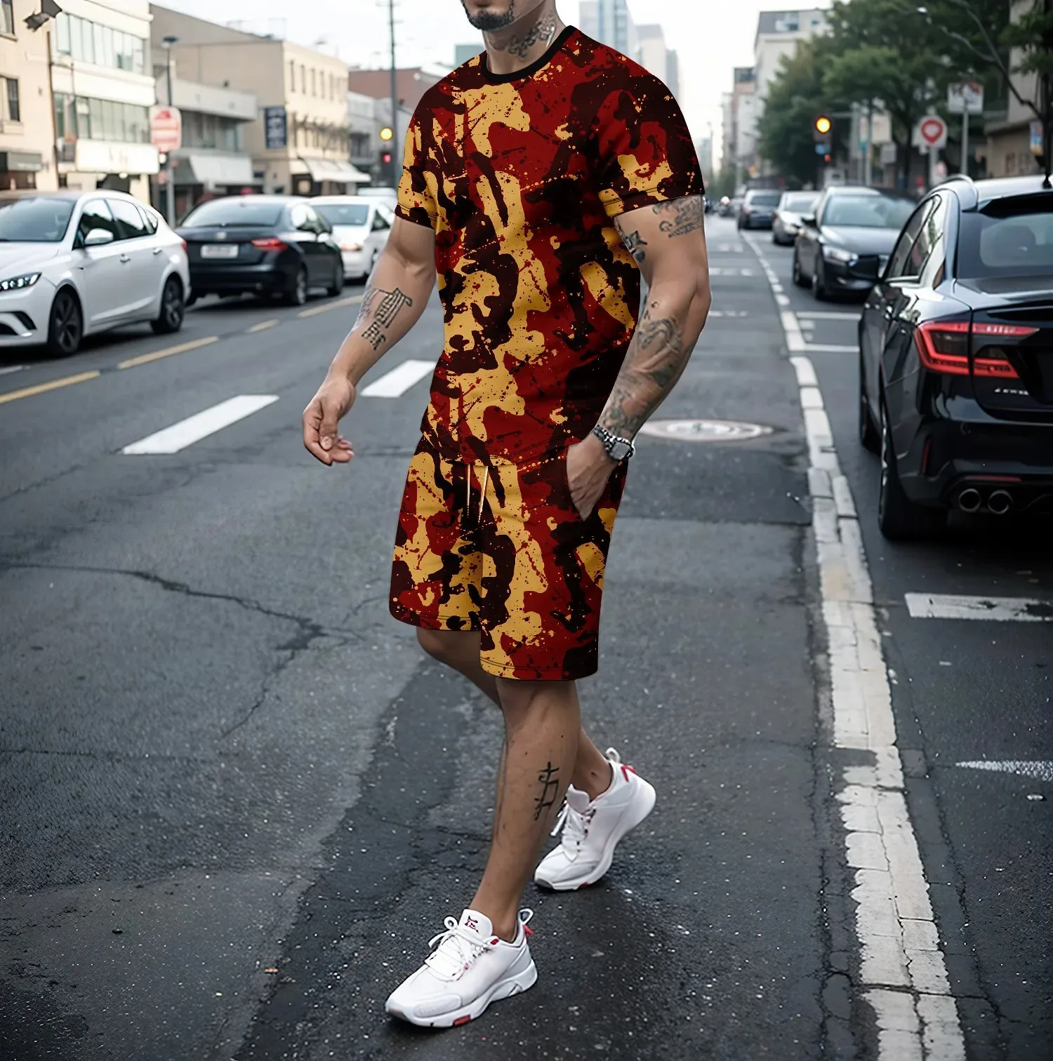 メンズ半袖カモフラージュショーツセット,アウトドアトラベル服,ランニング,カジュアル,夏,新品,3D, 2ユニット,2022