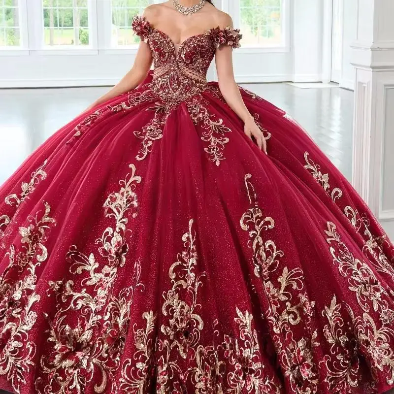 

Customized Burgundy Ball Gown Quinceanera Dresses For 15 Years Sequined Appliques Party Dress Robes De Soirée