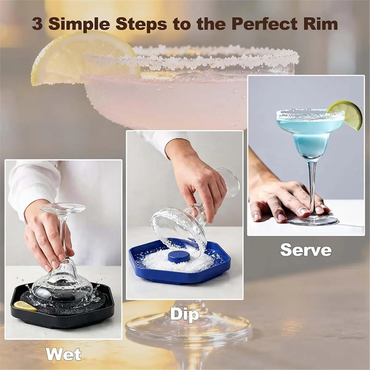 3-Piece Hexagonal Cocktail Rim Set Color-Coded, Stackable Dishes with Sponge
