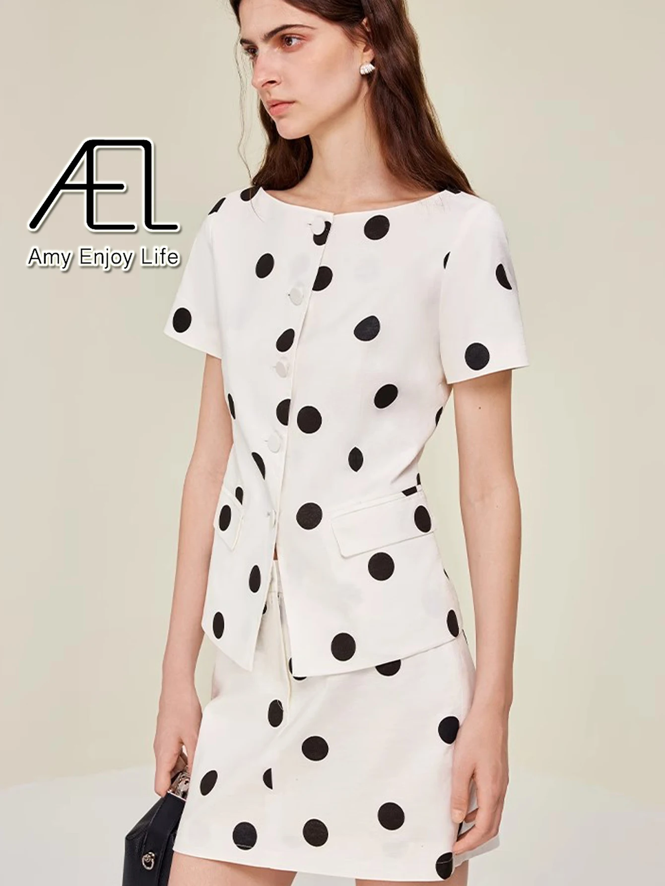 

AEL Summer New Women's Slim O Neck Blazer Coat Girl's Style Dot Short Sleeve Shirt