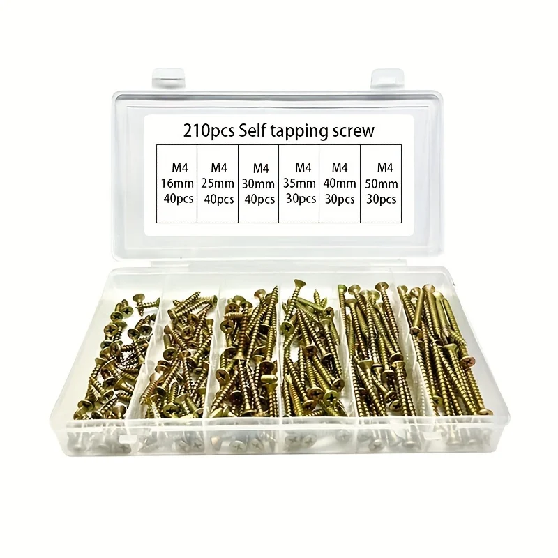 210/105-Piece M4 Self-Tapping Screw Assortment Kit – Phillips Countersunk Head Wood Screws (Color Zinc Plated)