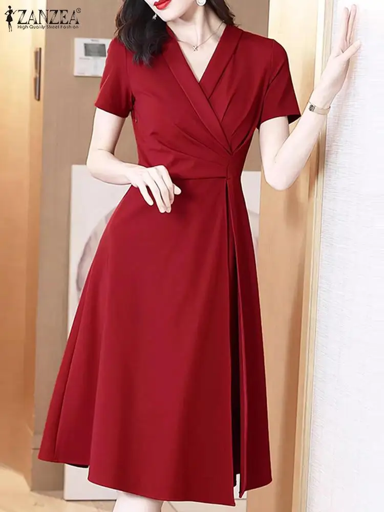 ZANZEA Elegant Women Collect Waist Robe 2024 Summer Korean Short Sleeve Pleated Dress Vintage Party Vestidos Office Prom Dresses