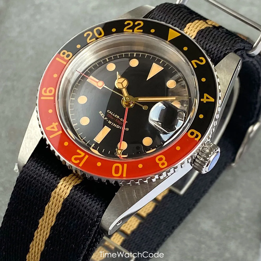 NH34 GMT Watch for Men Automatic Movement Diving 200m Waterproof Black White Retro Dial Domed Sapphire Date Luminous 38mm