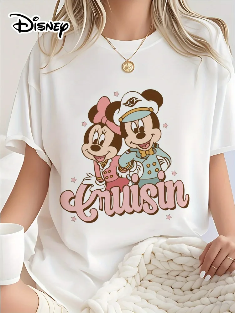

Disney Mickey and Minnie Print Women's Short-Sleeve Cotton Casual Crew Neck T-Shirt Nautical Style Star Pattern Everyday Wear