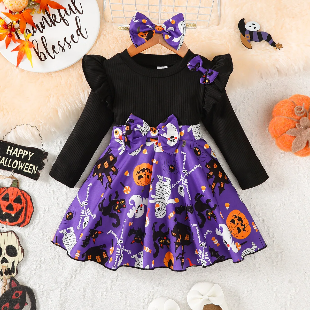 Girls' Halloween Dress Flying Sleeves, Featuring a Small Devil Stamp Dress and Bow for 1-4 Years Girls' Halloween Holiday Dress