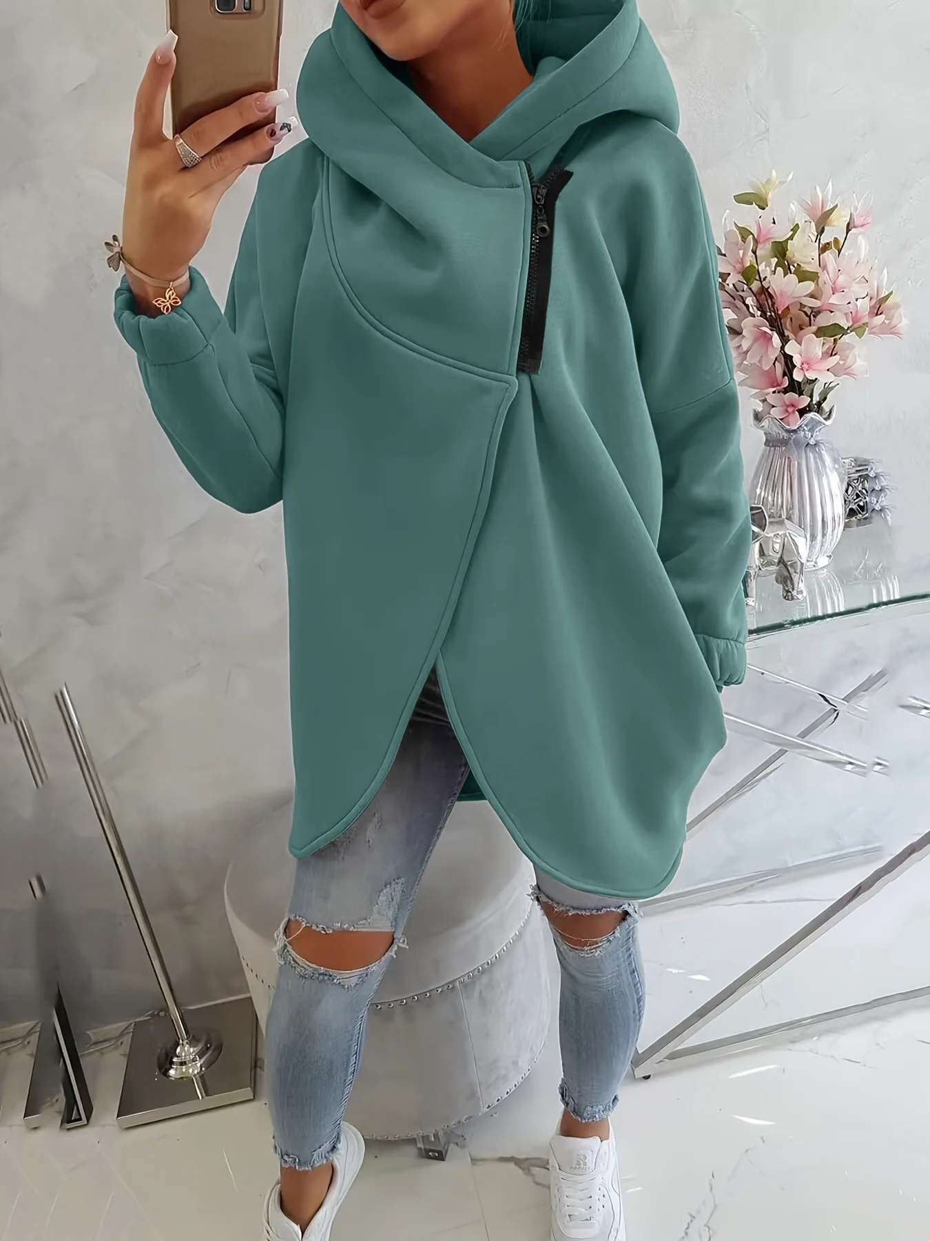 

Casual Solid Color Sweatshirt Autumn Winter Fashion New Warm Zipper Pocket Asymmetric Long Sleeved Jacket Loose Hooded Coat