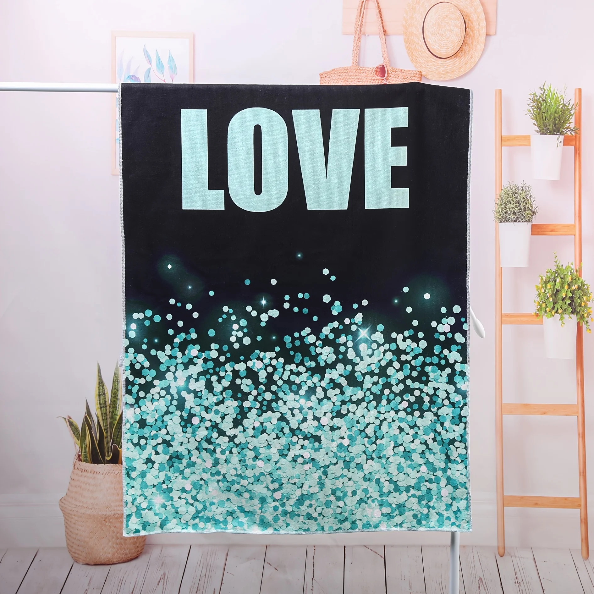 1pc Letter Print Sequin Pattern Bath Towel, Quick Drying Microfiber Pool Camping Travel Swim Beach Towel 70x150cm