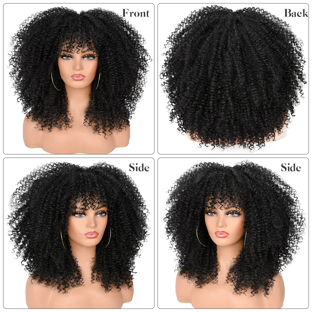 Lizzy-Afro Kinky Curly Perucas com Franja para Mulheres Negras, Cosplay Sintético, Cabelo Curto, Peruca Loira Ombre, Alta Temperatura, Africano, Lizzy, 16"