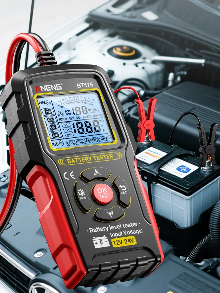 Tester akumulatora samochodowego 12V 24V, analizator alternatora z wyświetlaczem, ANENG BT175 z izolowanymi krokodylkami. — 2