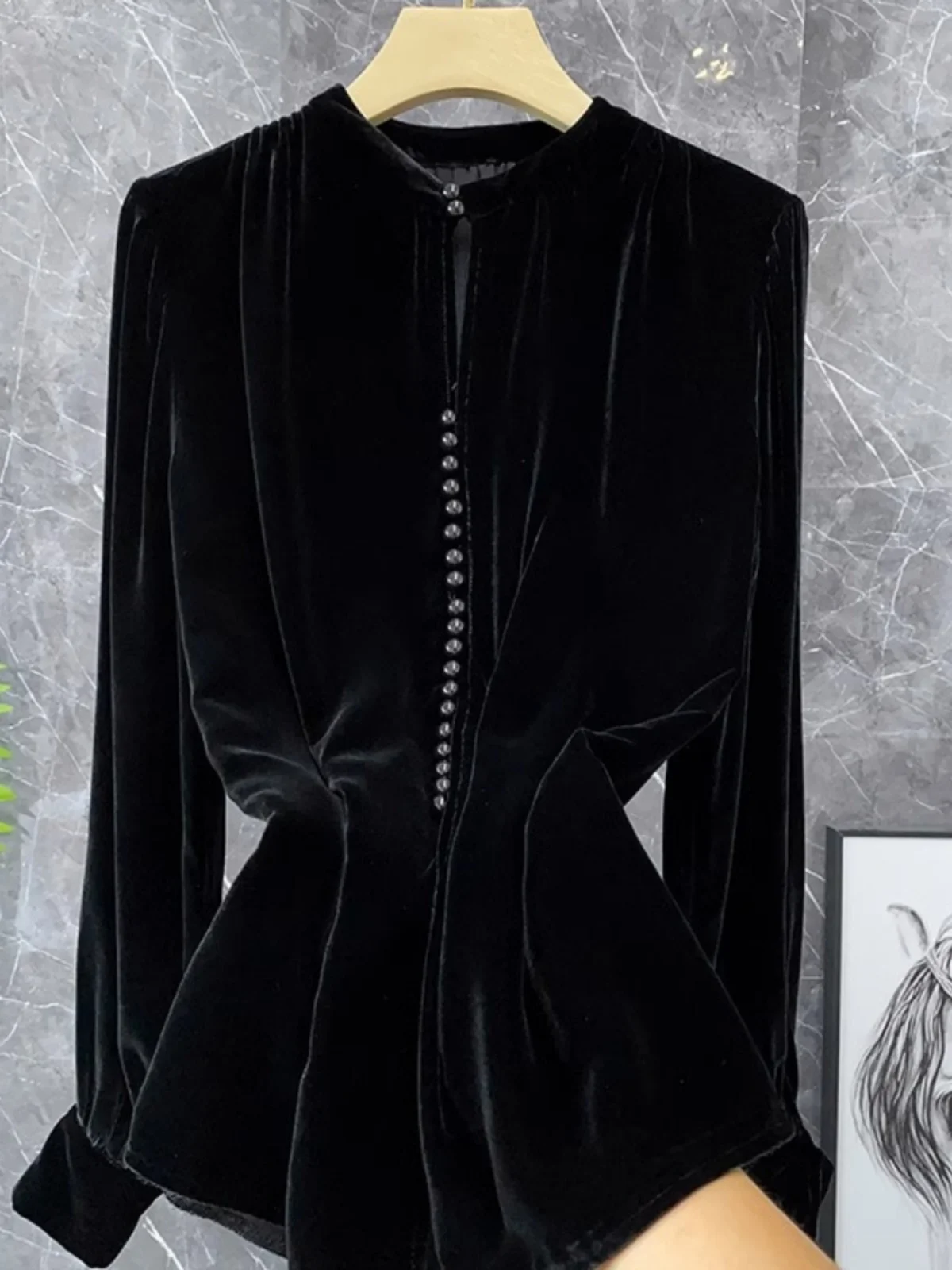 

Ele Bla Silk Velvet Long Sve irt Women's Faionable Stand Collar Button up Chinese Sle Top Straight Cut Regular...