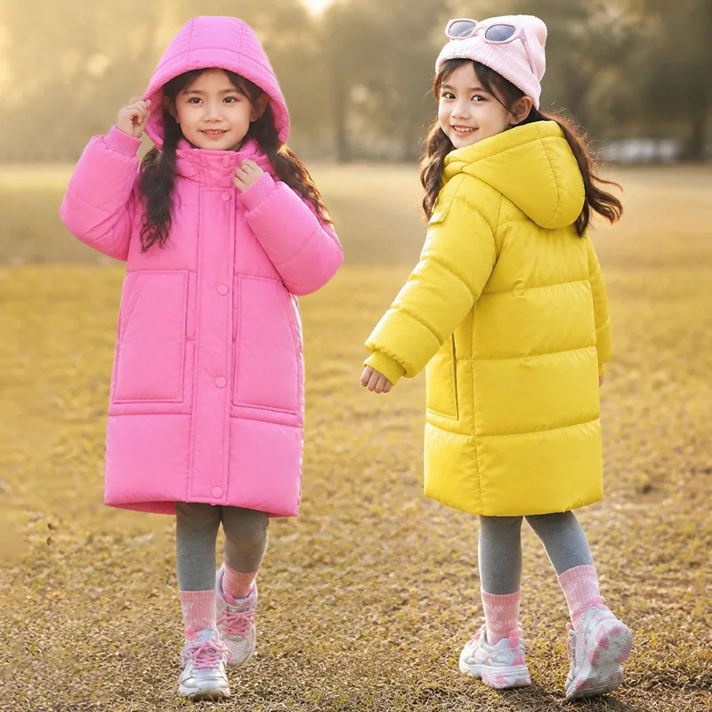Girls Mid‑Length Hooded Jacket Winter Solid Thick Warm Down Cotton Coat Casual Windproof Outerwear for Kids 3‑12 Years