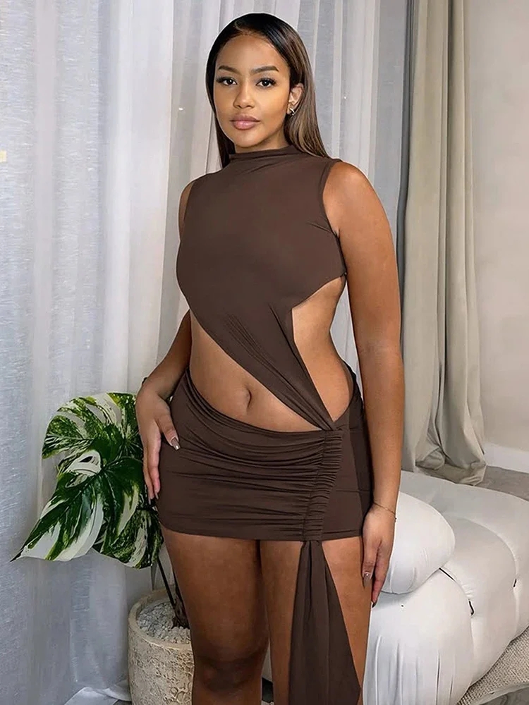 Leosoxs ไม่สม่ําเสมอ Hollow ชุดผู้หญิง O-คอแขนกุดเอว Skinny Ruched พู่ Midnight Club Party เซ็กซี่มินิ Bodycon