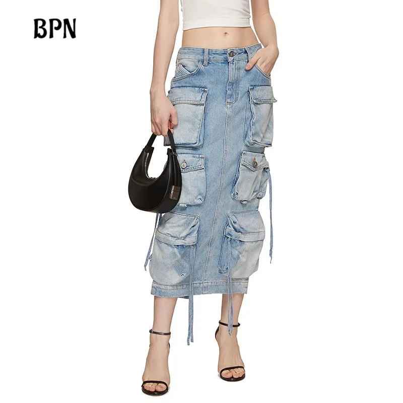 

BPN Casual Spliced Lace Up Denim Skirts For Women High Waist Patchwork Pockets Streetwear Slimming Skirt Female Fashion Clothing