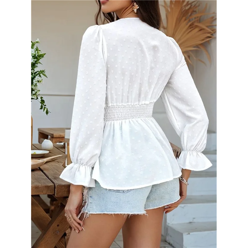

ABP-Женская блузка с v-образным вырезом и длинными рукавами, топ с пышными рукавами и рюшами по подолу, повседневная футболка на весну и лето, белый M