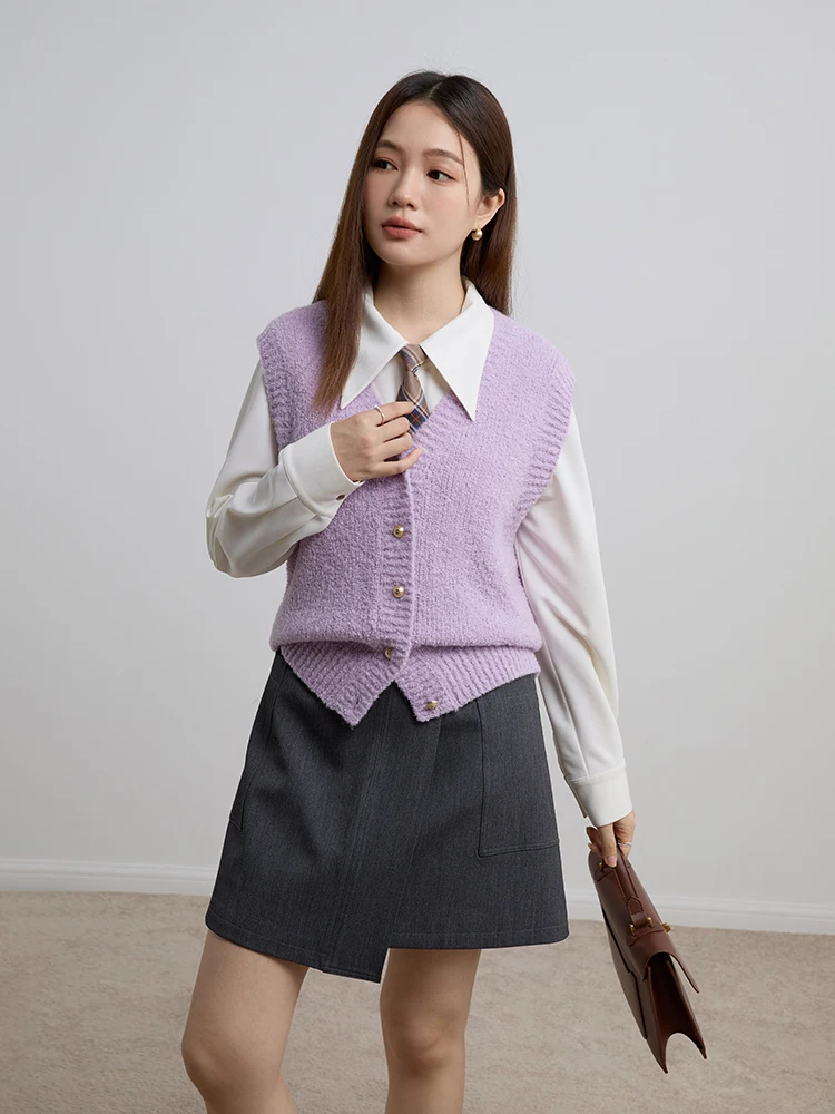 DUSHU Wool Vest Winter 2023 New V-neck Versatile Wool Vest For Women Yellow White Purple Women Solid Vest Casual Loose