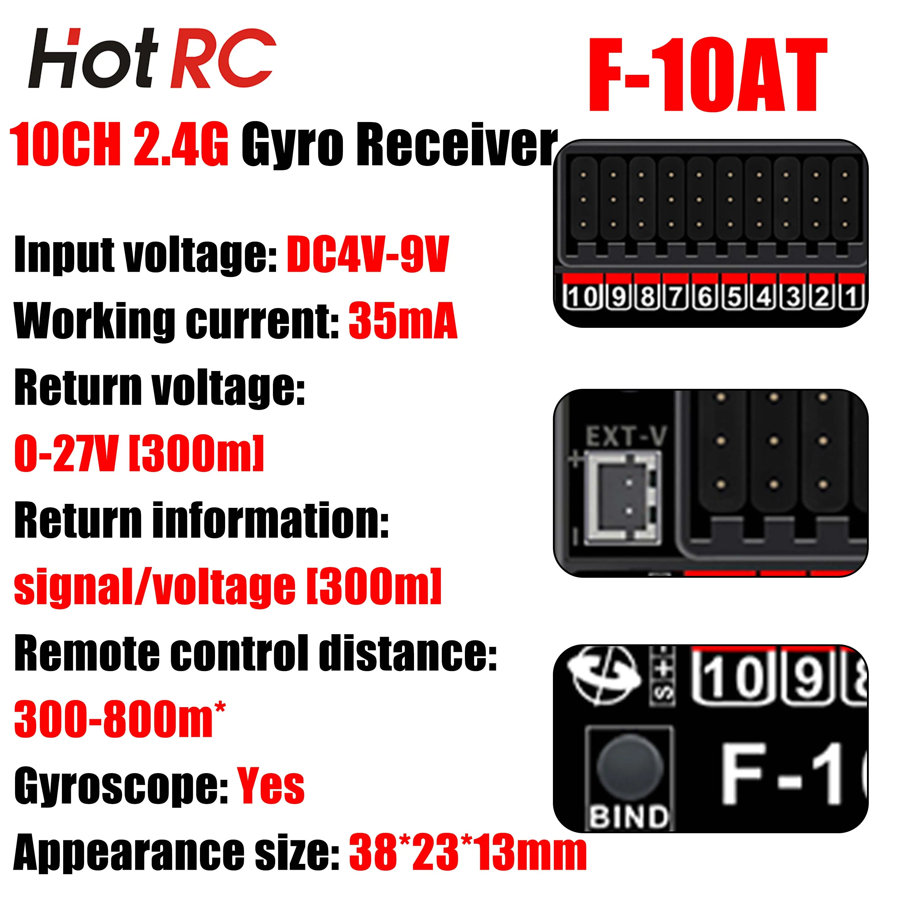

HotRC F-10AT 10CH 2.4G Gyro Receiver Voltage Return PWM DC4V-9V Radio System for RC Car Aircraft Tank Boat CT-10B Transmitter