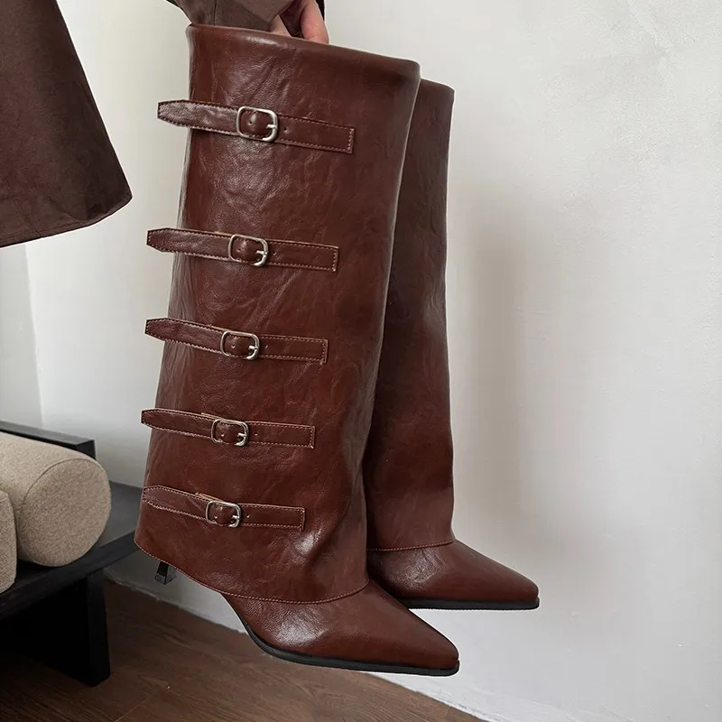 New Autumn Winter Pointed Toe Boots for Women Fashion PU Versatile High-heeled Knee High Boots Retro Belt Buckle Women Boots 326