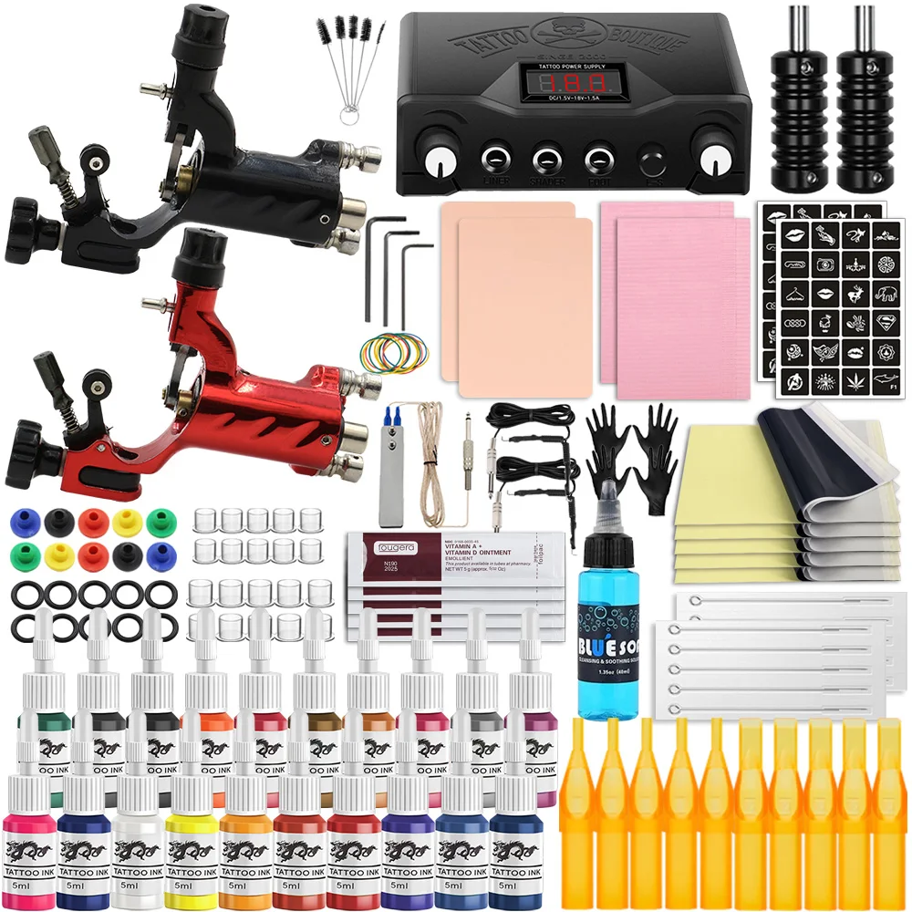 Complete Rotary Tattoo Machine Kit with Power Supply Needles Ink Set Tattoo Gun Set for Tattoo Artists and Beginners Kits Supply