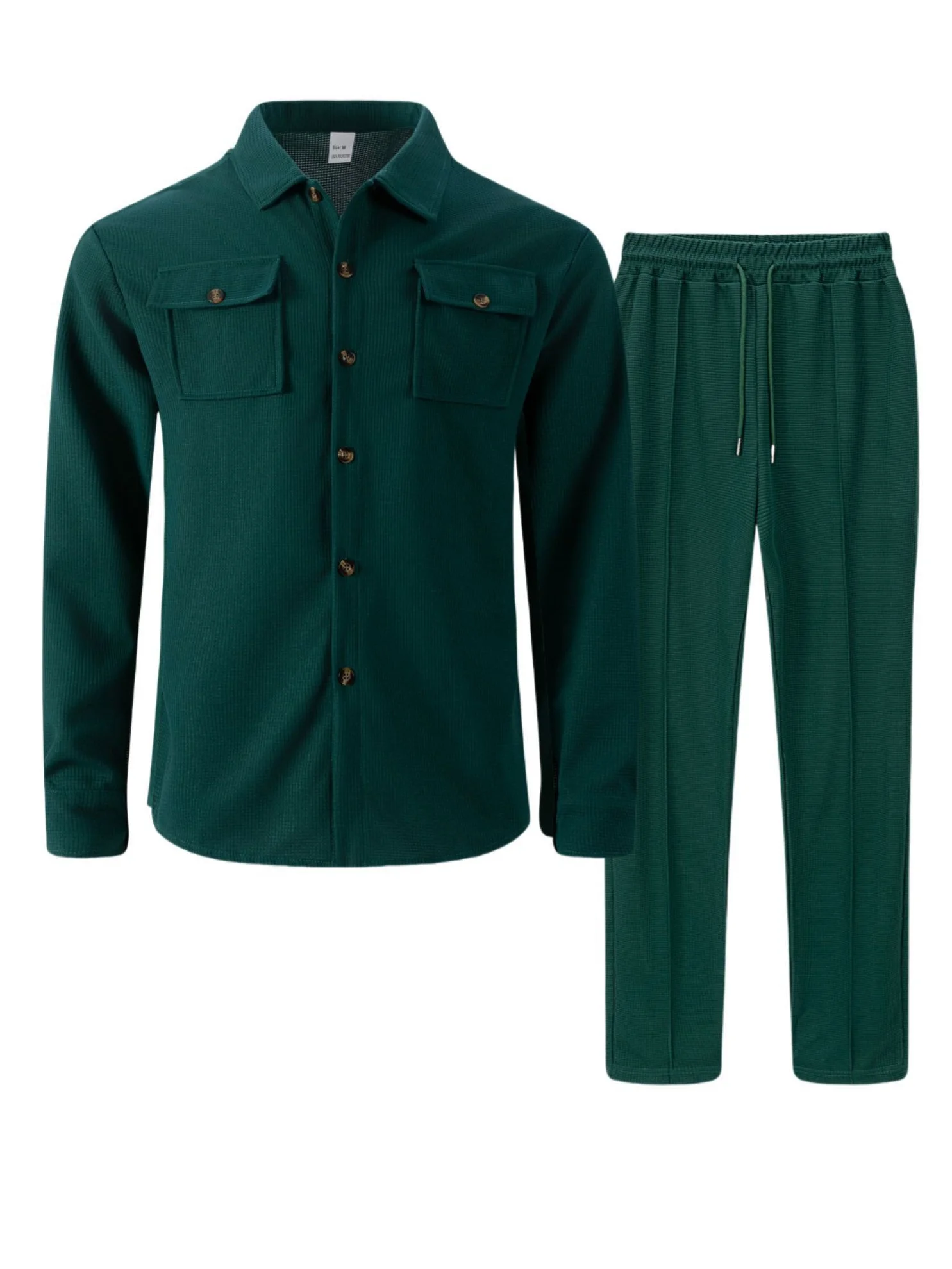 가을 신상 와플 긴팔 바지 투피스 세트 단색 더블 포켓 버튼업 가디건 셔츠 세트