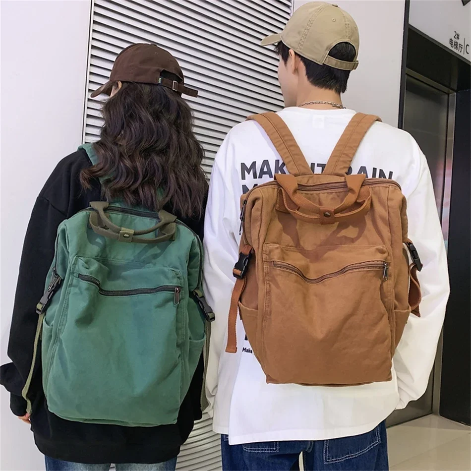 New Solid Color Women Canvas Backpack Vintage School Bag for Teenage Girl 2024 Outdoor Travel Handbag Purses Book Bag Rucksack