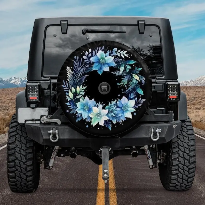 Blue Christmas Wreath Spare Tire Cover, Backup Camera option, Xmas Tire Cover, Christmas Car Accessories for jeeps, Backup camer