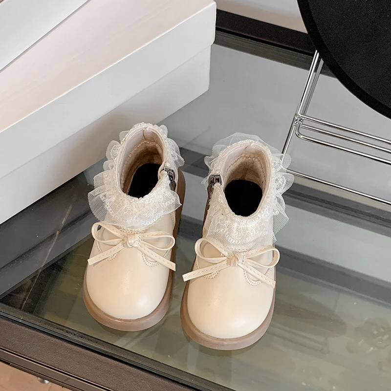 

Детские кожаные ботинки, милые кружевные ботильоны с мягкой подошвой для девочек, милые ботильоны с простыми бантами, осень-зима 202, детские короткие сапоги