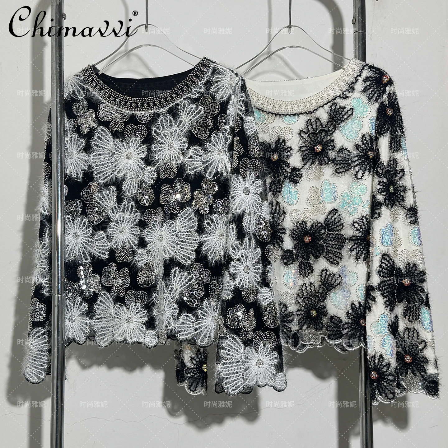 

Fashion Floral Long Sleeve Round Neck Beaded Sequin Pearl Women's Top 2025 Autumn New Luxury Stage Performance Clothes