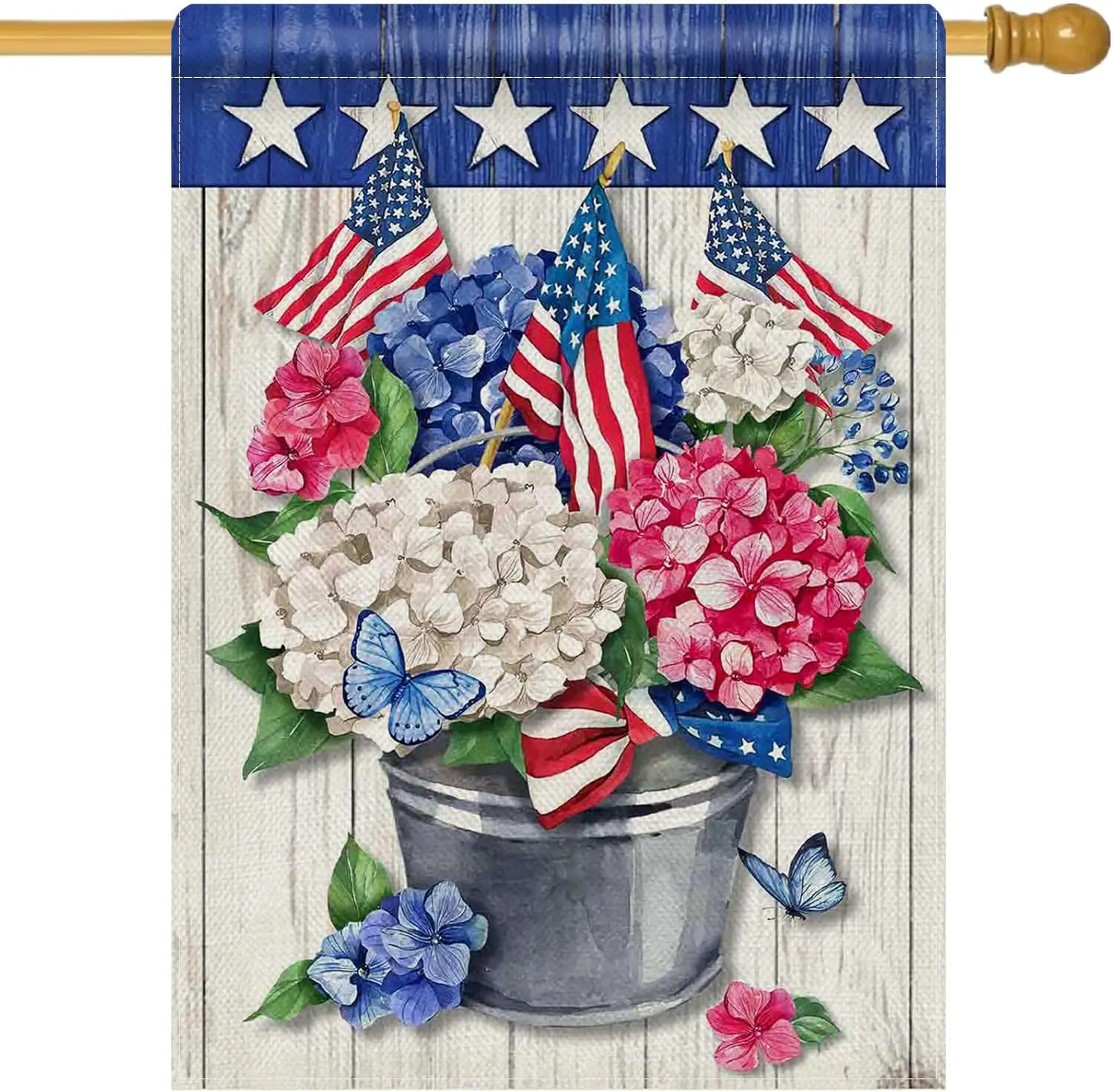 Dyrenson 4th of July Hydrangea Flower 28 x 40 House Flag Double Sided, Patriotic Floral America Garden Yard Decorations, Ame EEZ