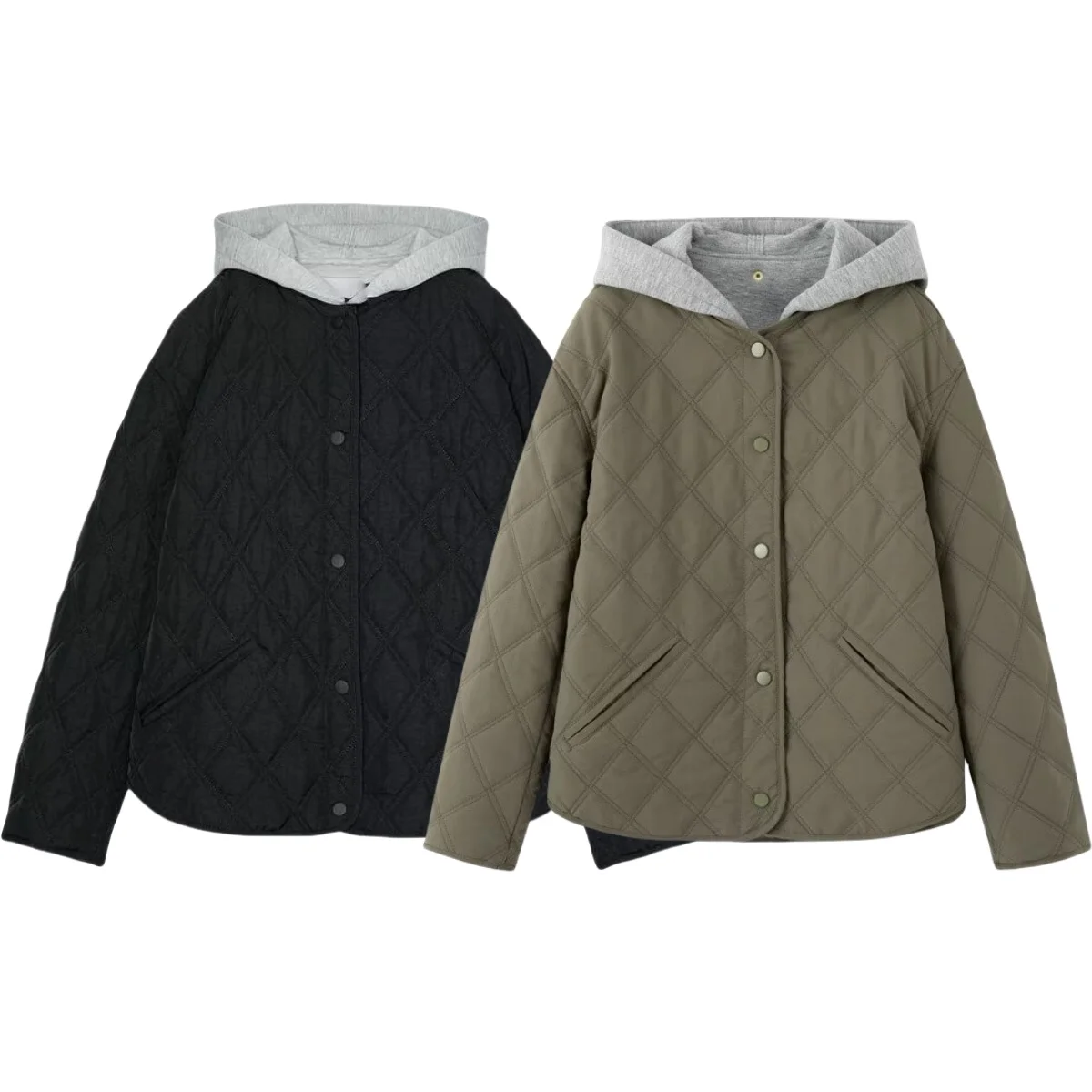 

2025 женская осенняя новая повседневная свободная стеганая куртка с капюшоном и круглым вырезом, длинными рукавами и ромбовидной сеткой, пальто