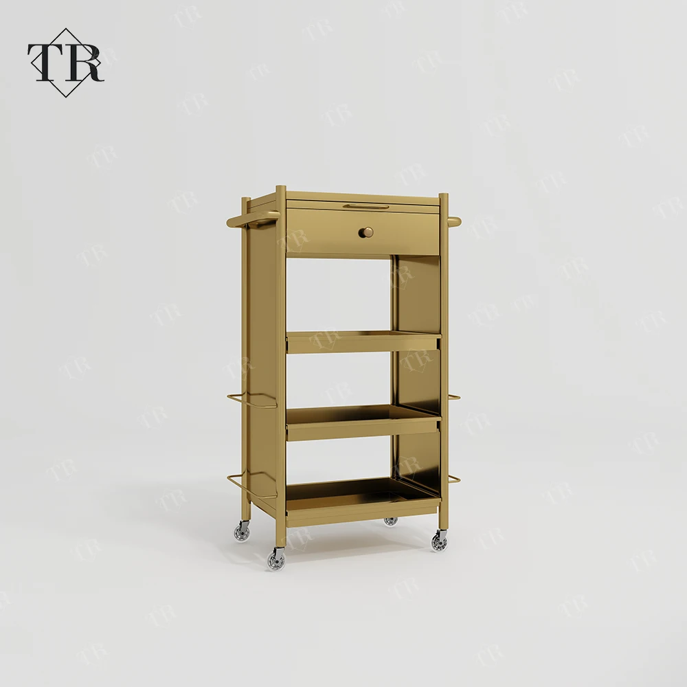 Turri-Stainless Steel Makeup Trolley, Metal, banhado a ouro, Salon Barber Cart, rodas direcionais para Lash Beauty