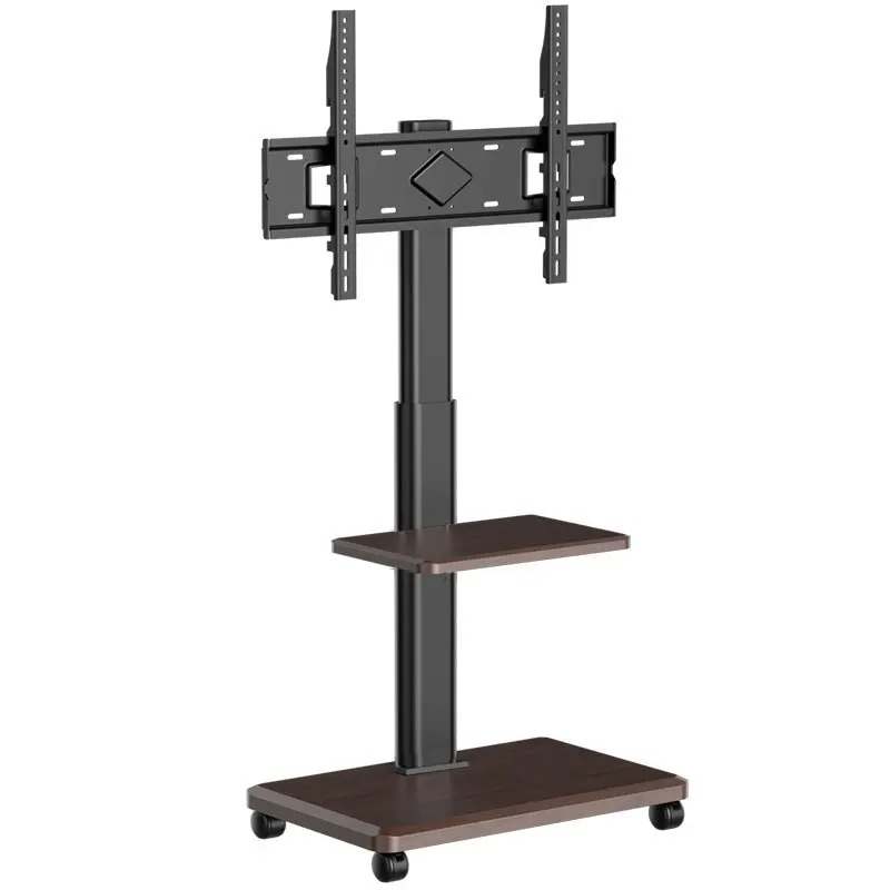 32-75 Inch Wood Grain Mobile TV Floor Cart, Rolling TV Stand with Middle Storage Tray, Hidden Back TV Bracket