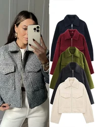 HH Women's Autumn Fashion Solid Color Short Jacket Retro Long Sleeve Pocket Zipper Polo Collar Jacket Women's Short Top Y2k