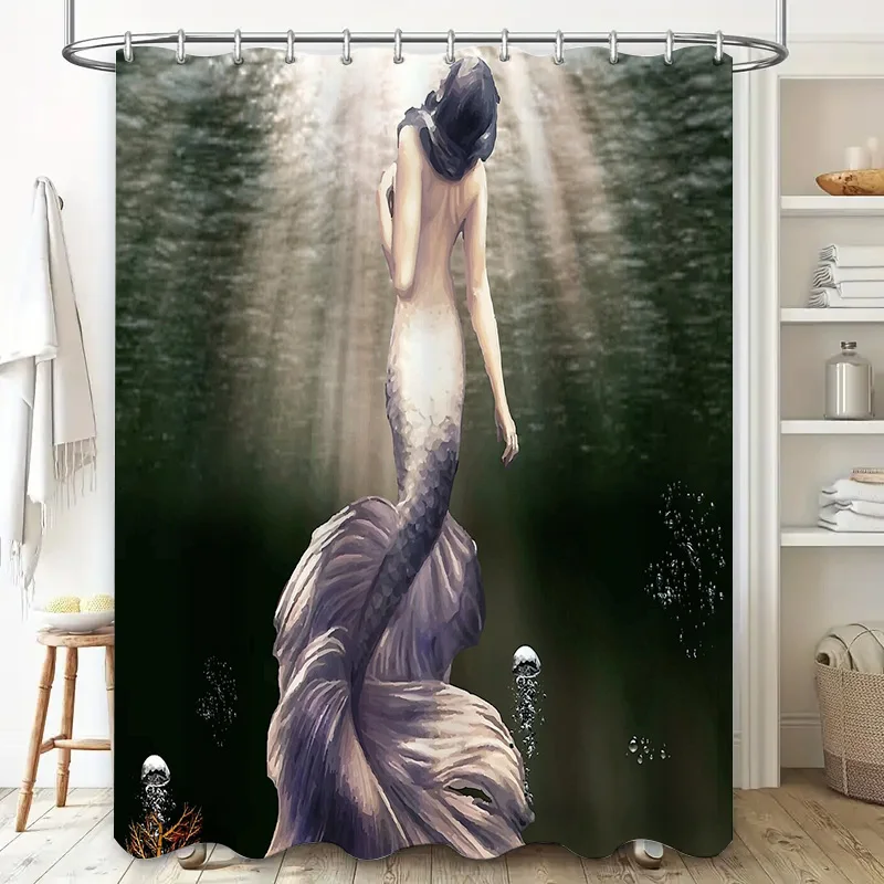 Mermaid Shower Curtain Ocean Wave Backdrop Bathroom Decor Sea Themed Waterproof Fabric Panel Artistic Neptune Neptune