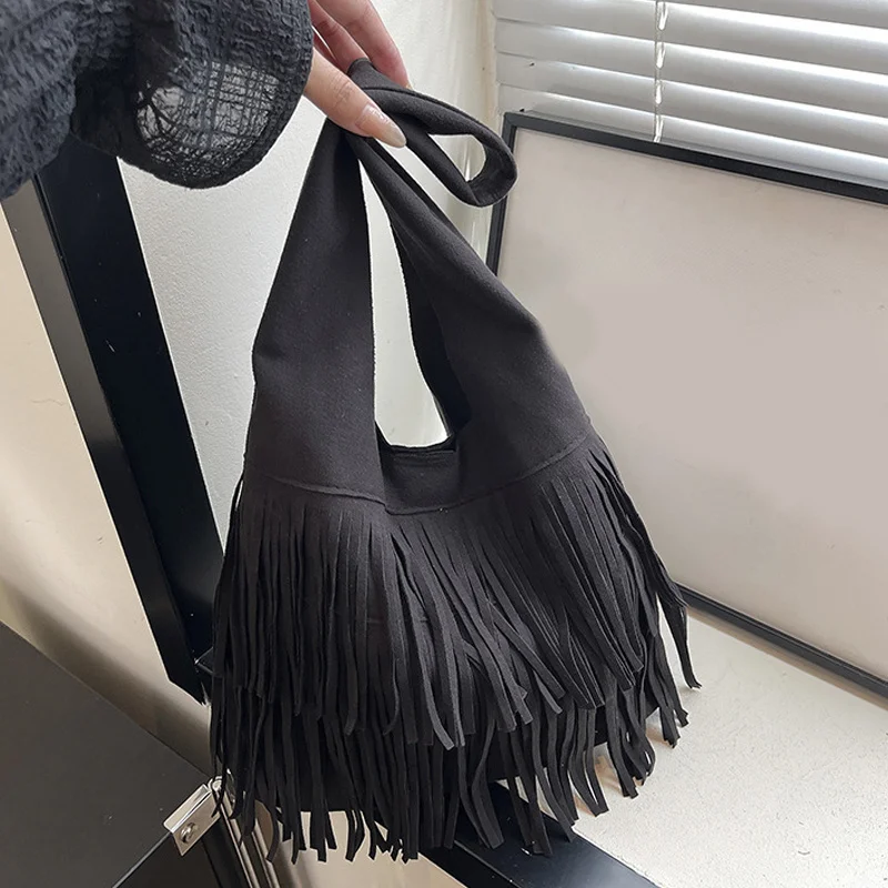 Lässige Vintage-Tasche mit großer Kapazität für Damen, neue modische Pendler-Achseltasche, vielseitige Hobo-Tasche mit Quastendesign – Detail 26