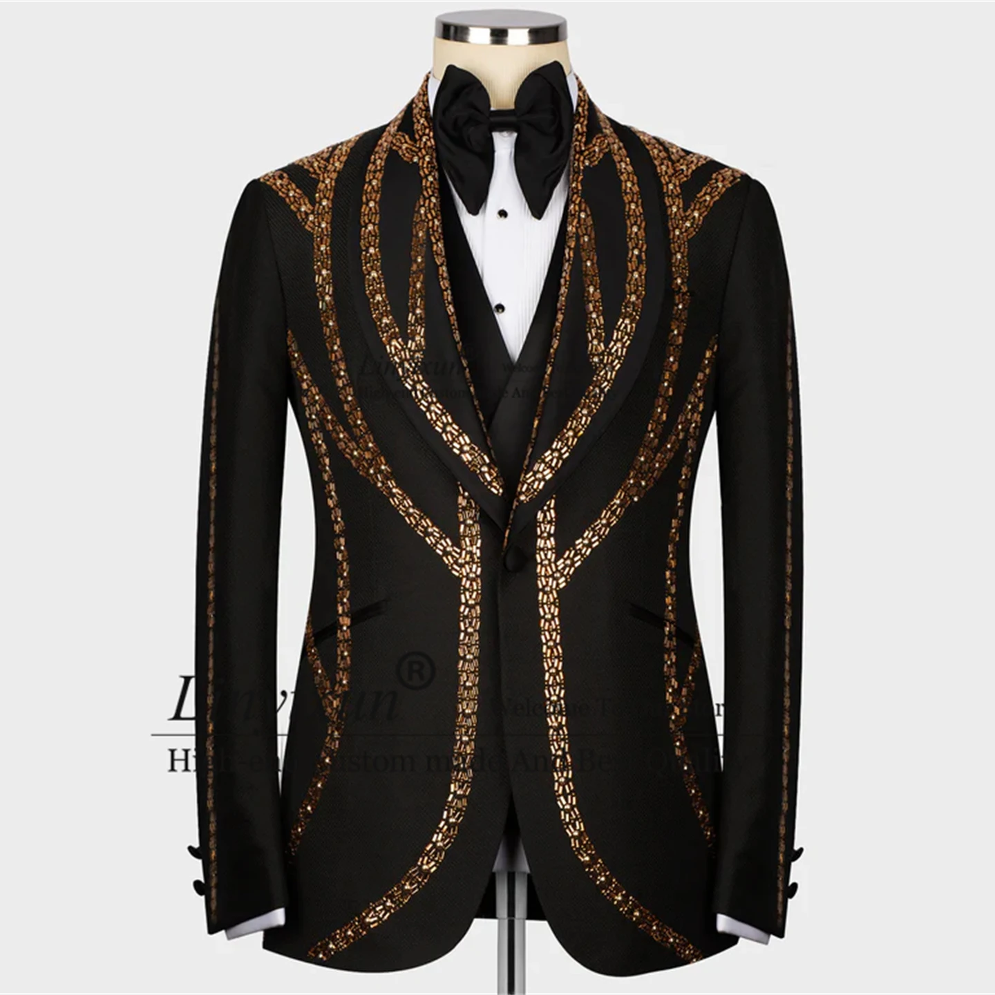 

Luxury Gold Beaded Men Suits Shawl Lapel Wedding Groom Tuxedos 3 Pieces Sets Male Prom Party Blazers Slim Fit Costume Homme