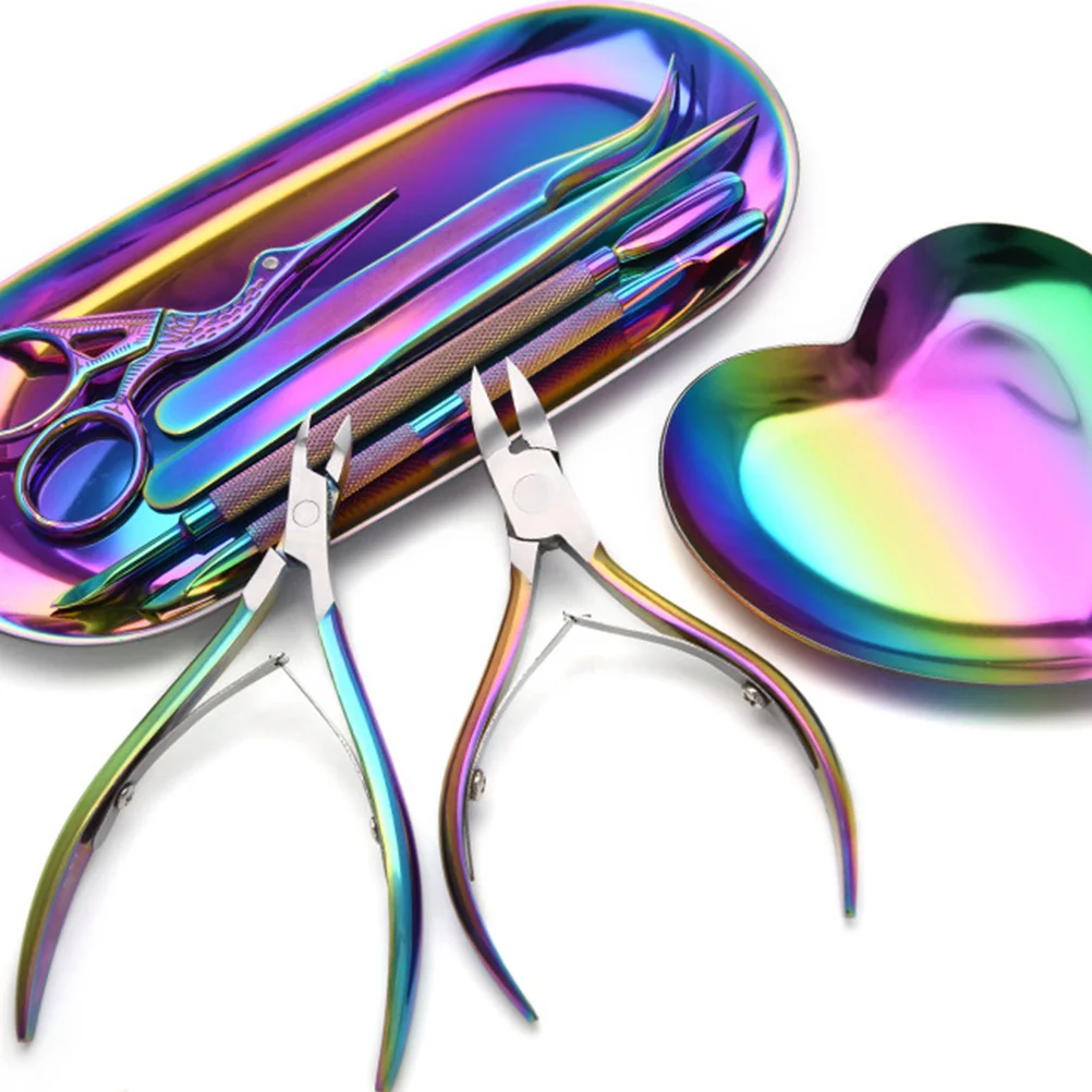 1Set Nail art Werkzeug Ablage Edelstahl Mini Maniküre Werkzeug Platte Organizer für Salon Hause Schreibtisch Badezimmer Eitelkeit