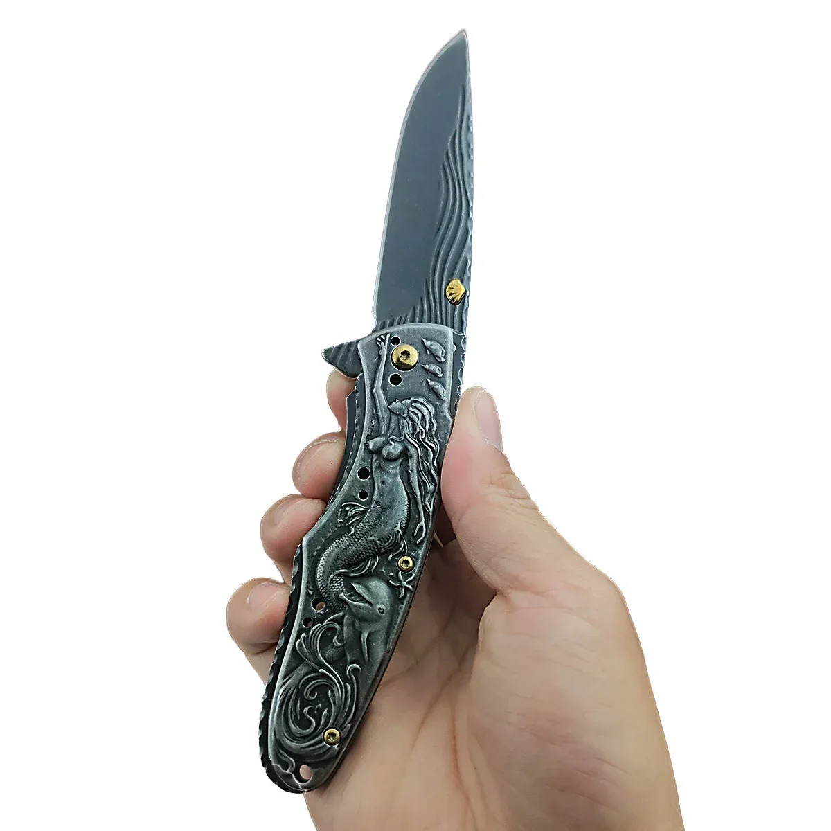 Utility Fruit Knife, Outdoor Camping Hunting Fishing Pocket Folding Knife, Mermaid Carve Handle Stone-washing Collection Gift