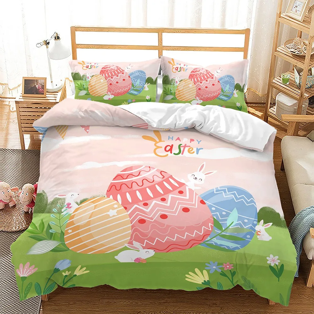 

Easter Day Bedding Set Rabbit Colorful Eggs Duvet Cover Festival Polyester Comforter Cover with Pillowcases for Kids Teens Gift