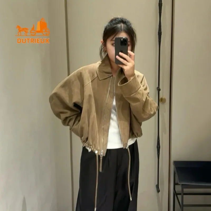 Winter Suede Leather Jacket Overzise Hem Leather Drawstring Design, 100% Goatskin Fabric Heavy Thick Women's Leather Jacket