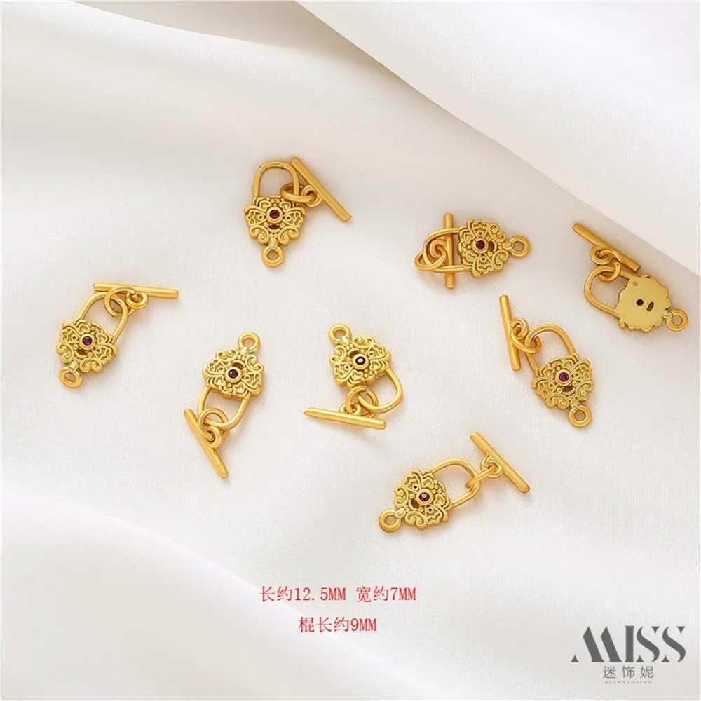 Matte Gold Inlaid Red Green Zircon Lock-shaped OT Buckle DIY Accessories End Connection Buckle Bracelet Hand Jewelry Material