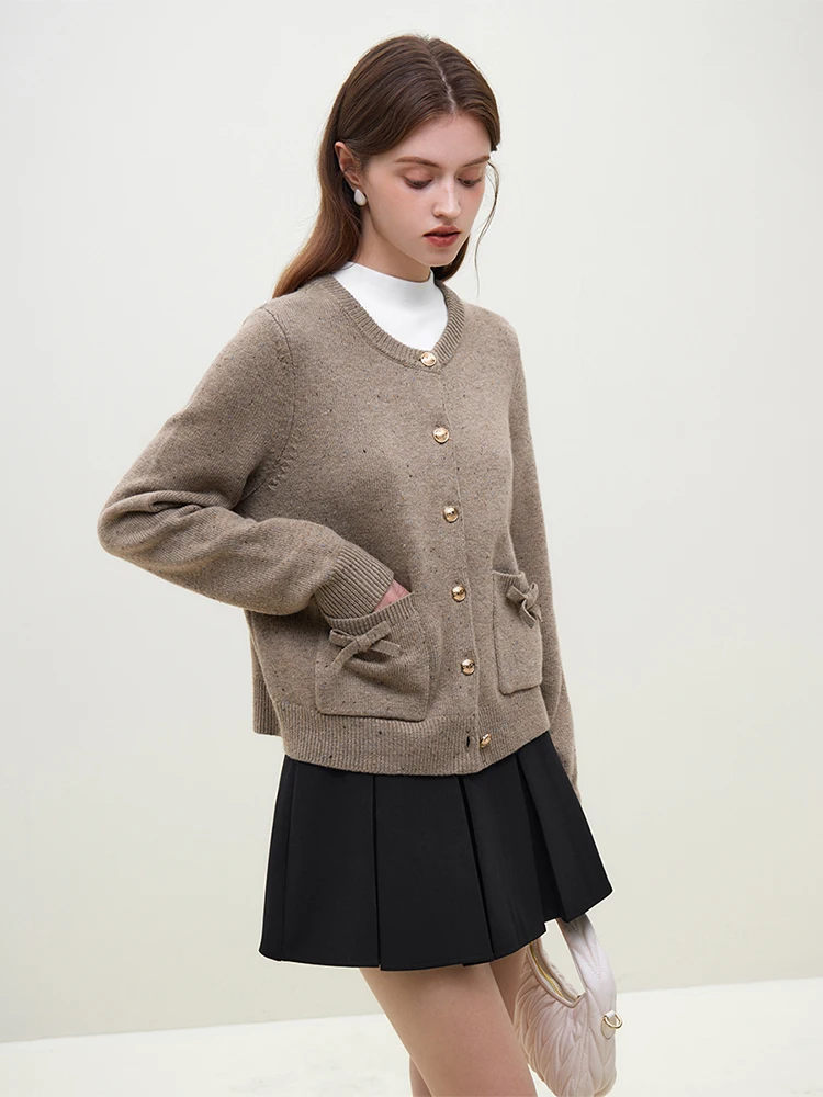 FSLE Handmade Bow Knit Cardigan Full Sleeve Women Cardigan 2023 Winter New Brown Women Sweater Casual Loose Office Lady Cardigan