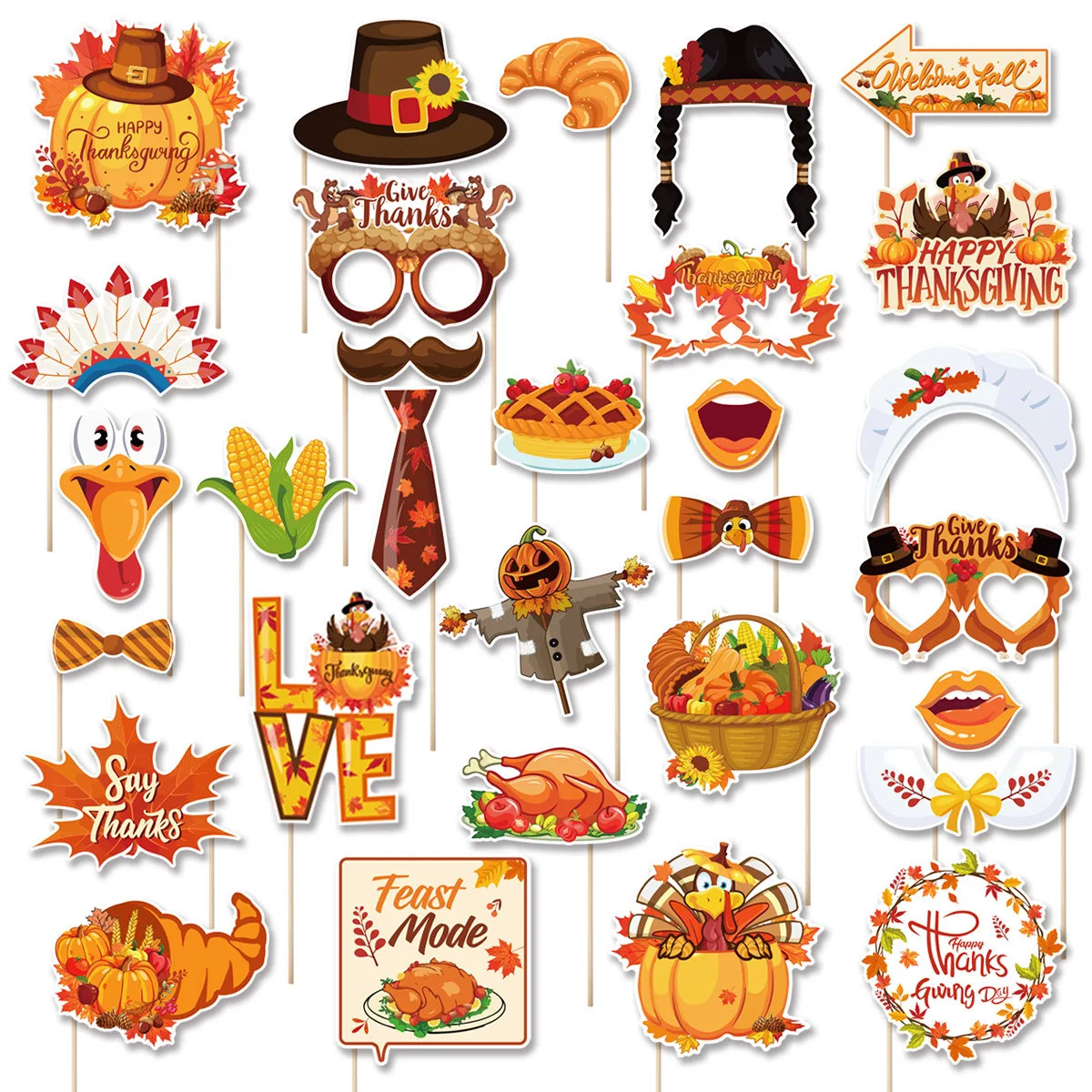 Thanksgiving Spooky Photo Props, Turkey Pumpkin Festival Party Decoration Photo Supplies,Say Thanks Paper Cards,30pcs